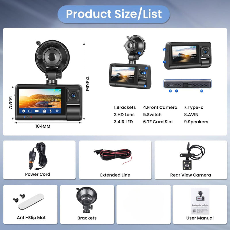 1080P Dash Cam with Front, Rear & Inside Cameras | Auto WiFi 3"| DC-S3(W)
