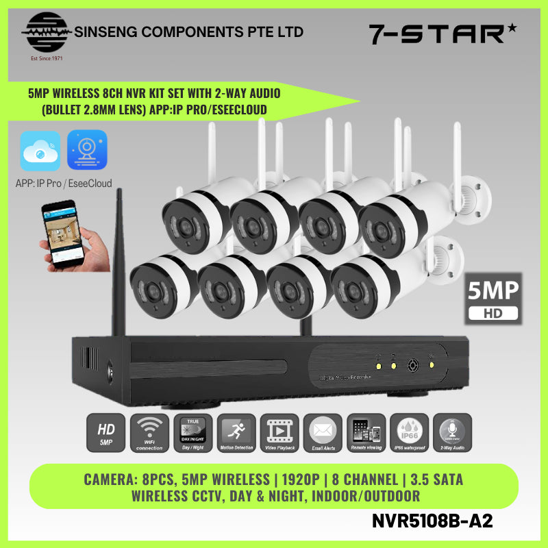 5MP 8CH Wireless NVR Kit | Bullet 2.8mm | 2-Way Audio | NVR5108B-A2