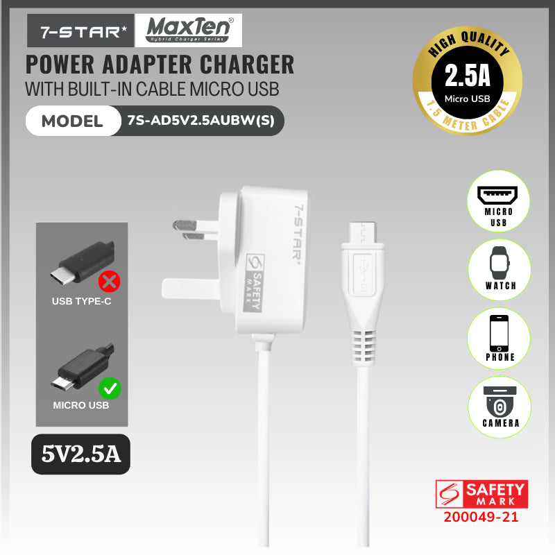 5V 2.5A Micro USB Power Adapter for IP Camera | 7S-AD5V2.5AUBW(S)