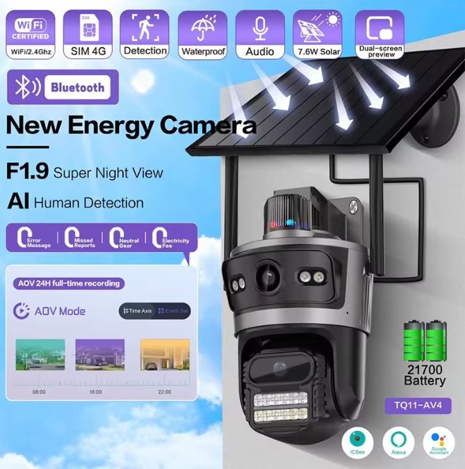 4G Solar Dual 2MP PTZ Camera | 9W Panel | Built in Battery | 24/7 Recording - ICSEE App | QT11B-AOV-4G