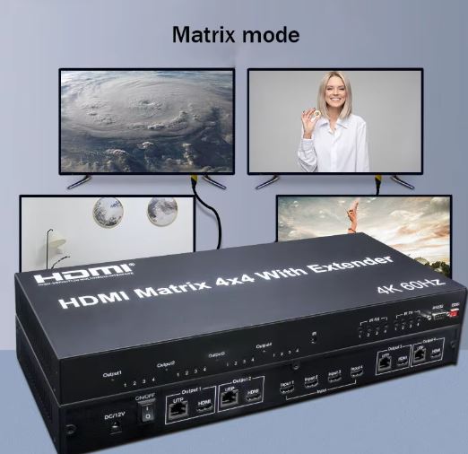 4K 60Hz 4x4 HDMI Matrix with 120M Extender & RS232 over RJ45 | HM404M-EX