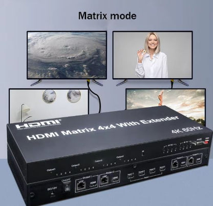 4K 60Hz 4x4 HDMI Matrix with 120M Extender & RS232 over RJ45 | HM404M-EX