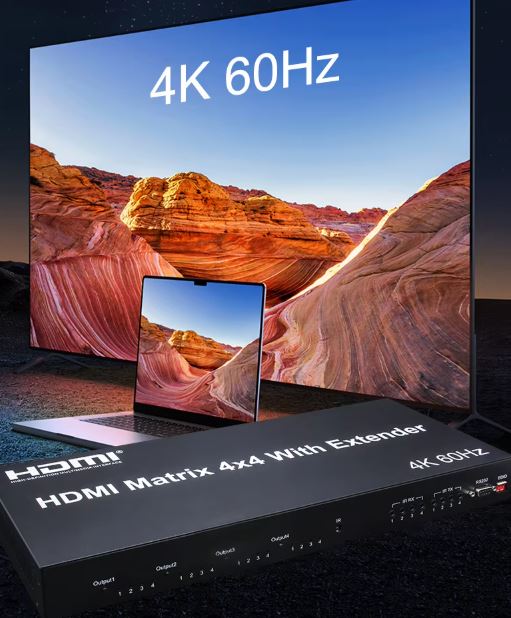 4K 60Hz 4x4 HDMI Matrix with 120M Extender & RS232 over RJ45 | HM404M-EX