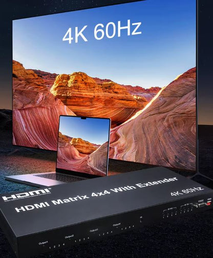 4K 60Hz 4x4 HDMI Matrix with 120M Extender & RS232 over RJ45 | HM404M-EX