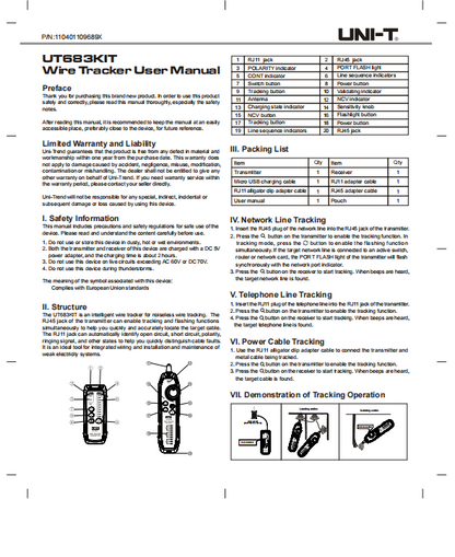 Wire Tracker RJ45 RJ11 NCV Indicator Cable Tracker | CT-UT683KIT | UNI-T