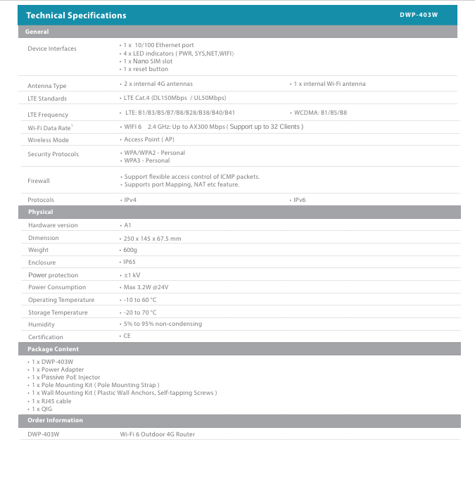 D-Link Wi-Fi 6 Outdoor 4G SIM Card Router | DL-DWP-403W
