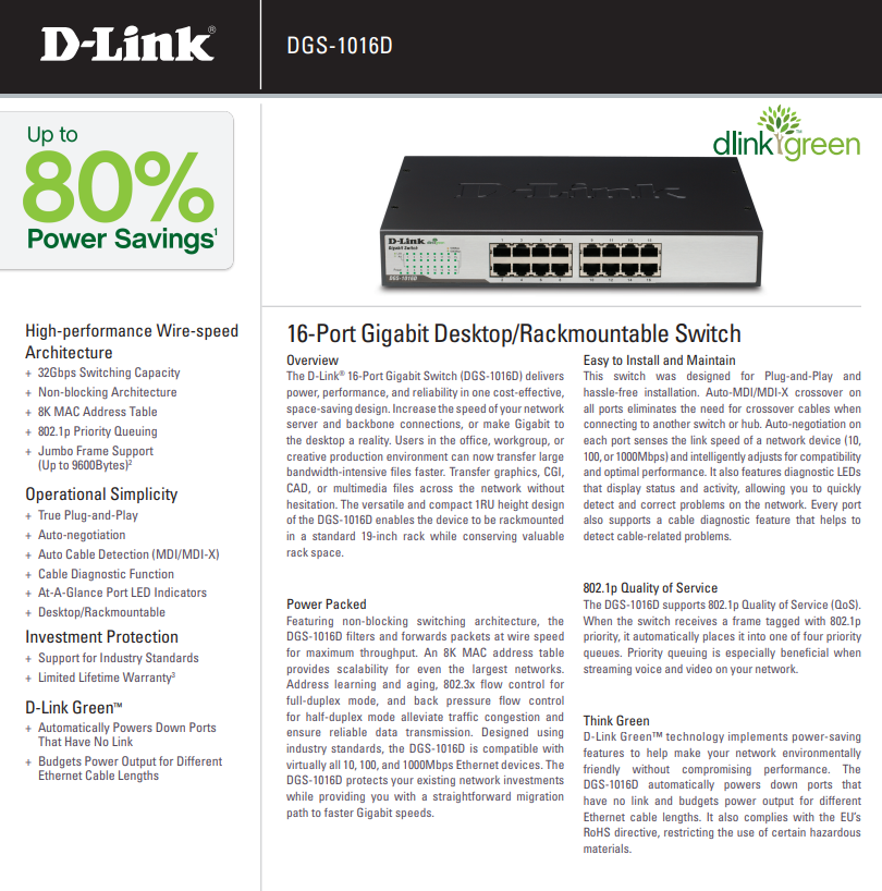16-Port Gigabit Unmanaged Desktop Switch | DGS-1016D