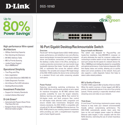 16-Port Gigabit Unmanaged Desktop Switch | DGS-1016D