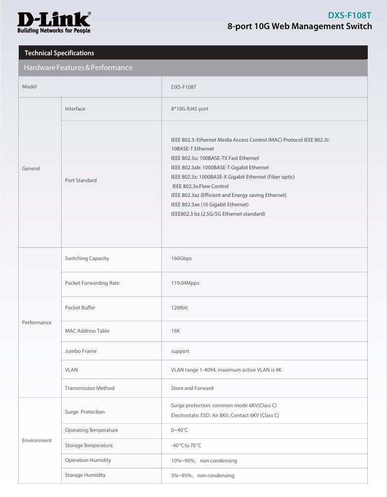 D-Link Full 10G 8-port 10G Web Management Switch | DXS-F108T