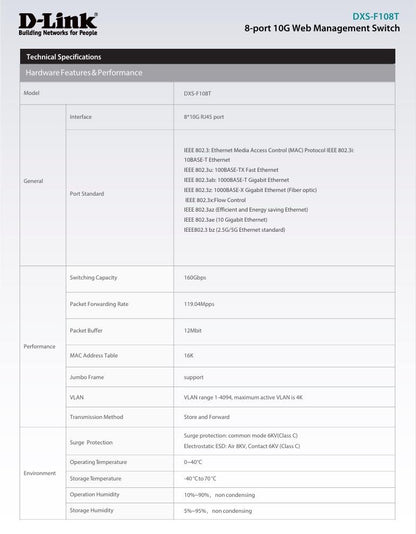 D-Link Full 10G 8-port 10G Web Management Switch | DXS-F108T