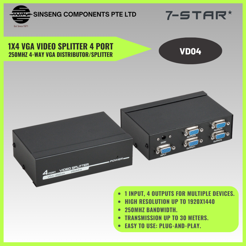 4-Way VGA Splitter | Distributes Video to LCD, PC, Projector Screens, 250MHz | VD04