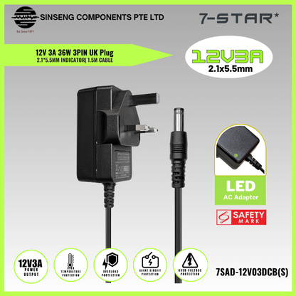 12V 3A 36W UK Plug Adapter, 2.1*5.5mm, 1.5M Cable | 7SAD-12V03DCB(S)