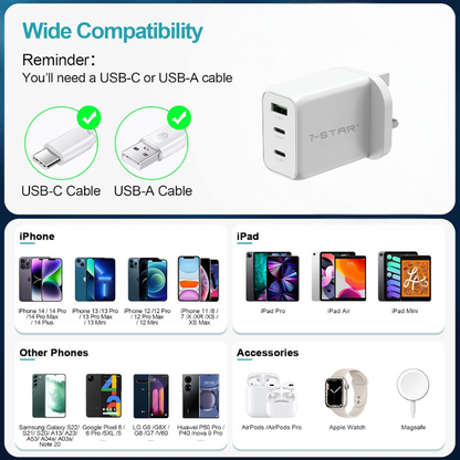 65W GaN PD Charger Adapter | USB Type-C | USB A | White | 7SPD-60W