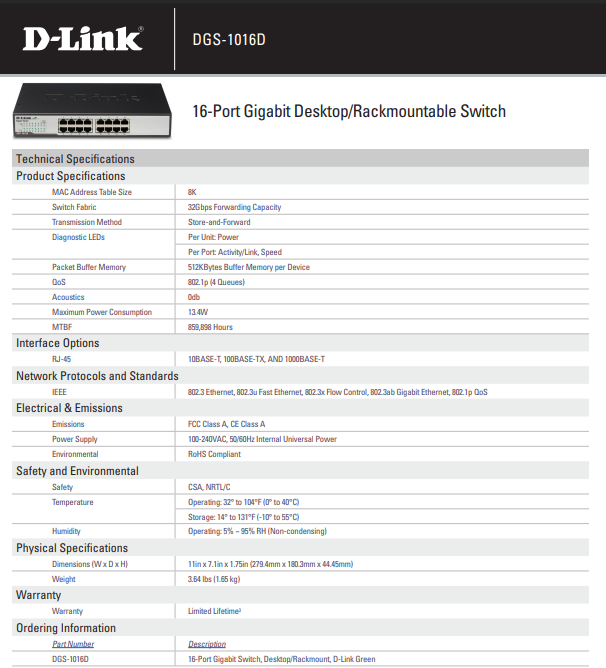16-Port Gigabit Unmanaged Desktop Switch | DGS-1016D