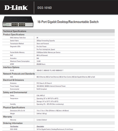 16-Port Gigabit Unmanaged Desktop Switch | DGS-1016D
