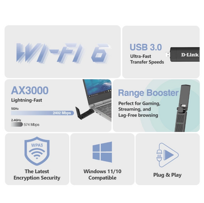 D-Link Wireless AX3000 WiFi 6 High Gain USB 3.0 WiFi Adapter | DWA-X3030
