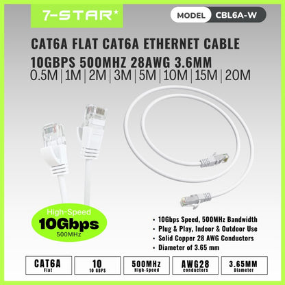 0.5M-20M White Flat CAT6A Ethernet Cable | 10Gbps 500MHz | CBL6A-W