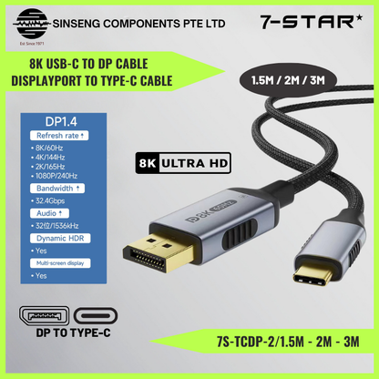 Bidirectional USB Type-C to DP DisplayPort Cable - 8K | 7S-TCDP-2