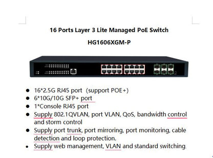 16-Port 2.5G PoE Switch with 6× 10G SFP | POE-25G1604-220 (220V)