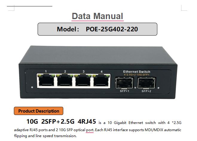 4-Port 2.5G PoE Switch with 2× 10G SFP | POE-25G402-220 (220V)