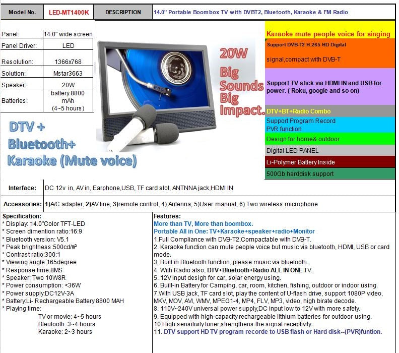 14" Portable TV | Karaoke, 8800mAh | LED-MT1400K