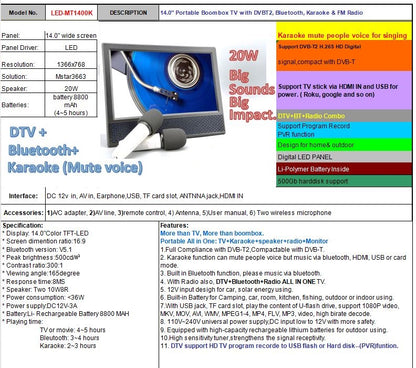 14" Portable TV | Karaoke, 8800mAh | LED-MT1400K