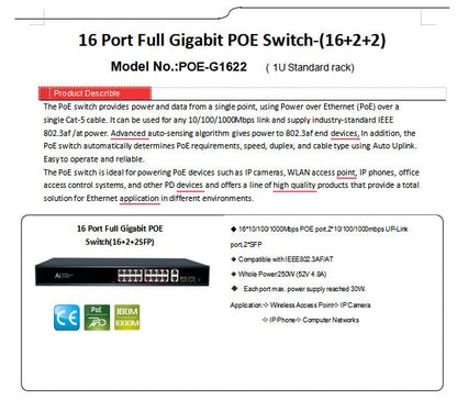 250W 16-Port Gigabit PoE Switch with Uplink & SFP | POE-G1622
