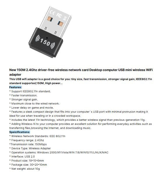 WiFi Nano Size Wireless 150M USB Adapter for Laptop & Desktop | USB-WN725N