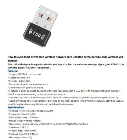 WiFi Nano Size Wireless 150M USB Adapter for Laptop & Desktop | USB-WN725N