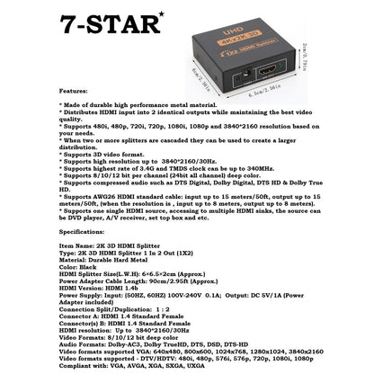 4K 1x2 HDMI Splitter/Distributor 1 Input 2 Output | HM102