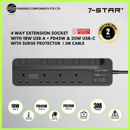 4 Way Extension Socket | 18W USB A + PD45W - 20W USB Type-C | 3M Cable | Safety Mark | Black