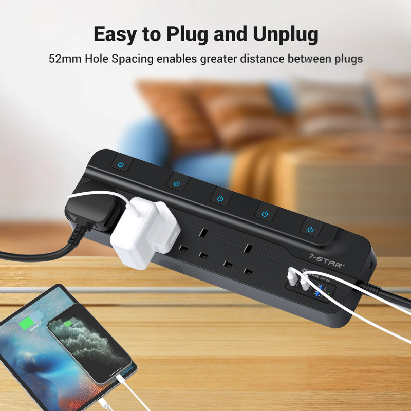4 Way Extension Socket | 18W USB A + PD45W - 20W USB Type-C | 3M Cable | Safety Mark | Black
