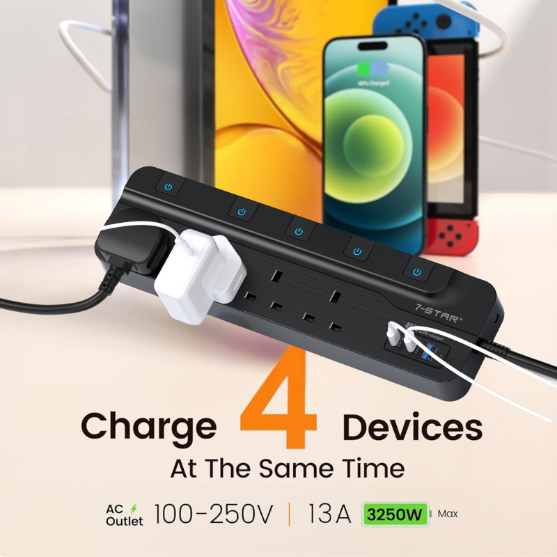 4 Way Extension Socket | 18W USB A + PD45W - 20W USB Type-C | 3M Cable | Safety Mark | Black