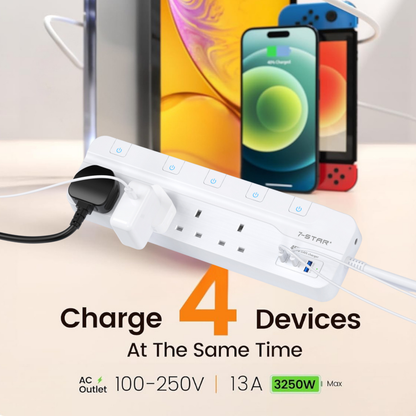 4 Way Extension Socket | 3M Cable | 18W USB A + PD45W - 20W Type C | Safety Mark