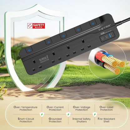 4 Way Extension Socket | 18W USB A + PD45W - 20W USB Type-C | 3M Cable | Safety Mark | Black