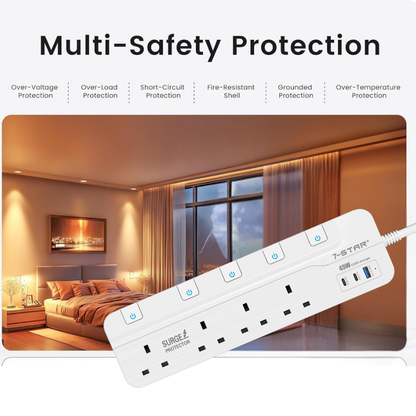 4 Way Extension Socket | 3M Cable | 18W USB A + PD45W - 20W Type C | Safety Mark