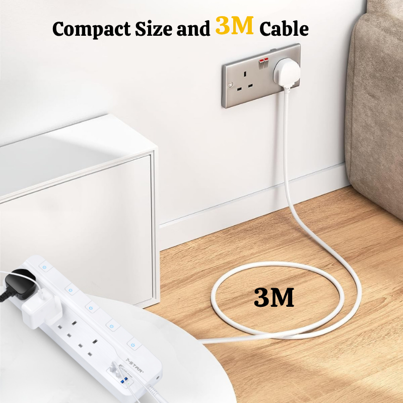 4 Way Extension Socket | 3M Cable | 18W USB A + PD45W - 20W Type C | Safety Mark