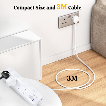 4 Way Extension Socket | 3M Cable | 18W USB A + PD45W - 20W Type C | Safety Mark