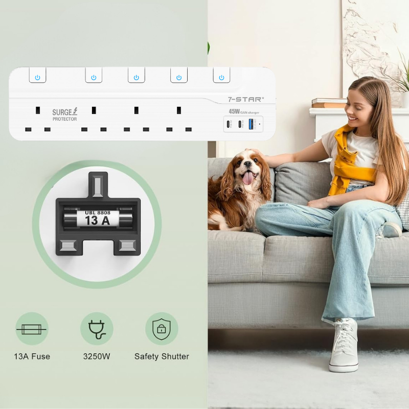 4 Way Extension Socket | 3M Cable | 18W USB A + PD45W - 20W Type C | Safety Mark