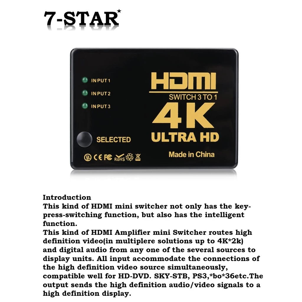 3x1 HDMI Switcher 4K/1080P – 3-in-1 HDMI Hub Splitter for TV | HS301