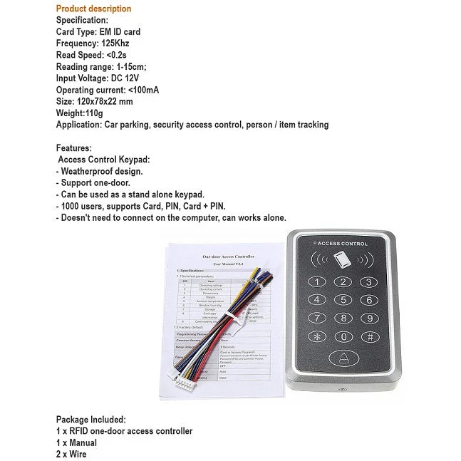 Door Access Reader - Single Door Proximity RFID Card Access Control System with Keypad