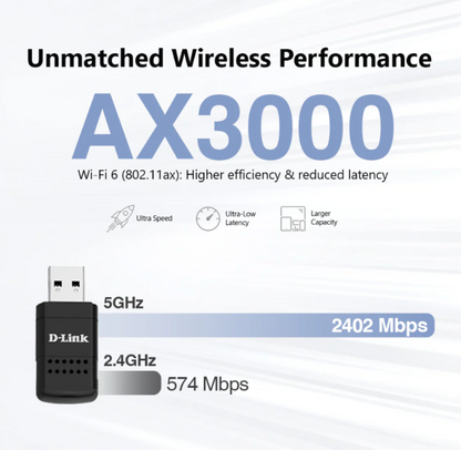D-Link AX3000 Wi-Fi (Wireless) Mini Wireless USB 3.0 Adapter | DL-DWA-X3010