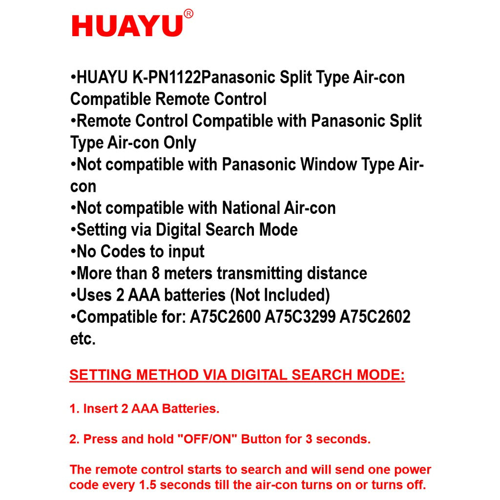Universal Panasonic Aircon Remote | K-PN1122 | For Split Type AC