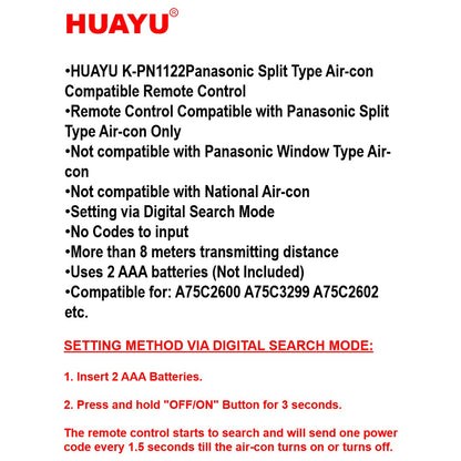 Universal Panasonic Aircon Remote | K-PN1122 | For Split Type AC