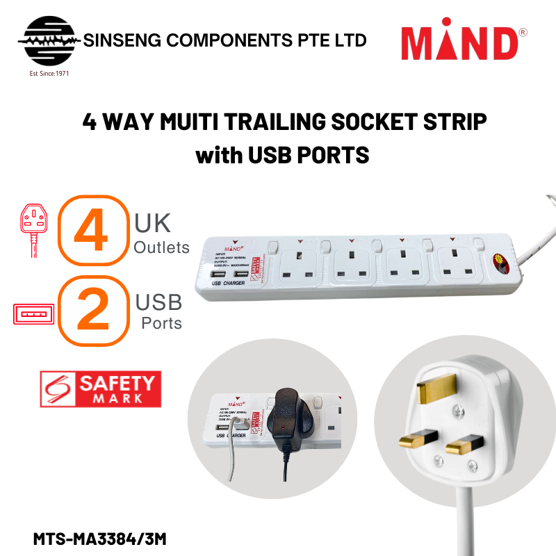 2M Extension Socket Power Strip | 4 Way UK Outlet | 2 USB Ports | Safety Mark | 13A 3250W | MTS-MA3384/3M