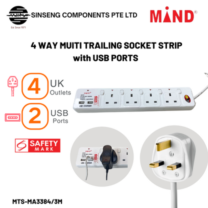 2M Extension Socket Power Strip | 4 Way UK Outlet | 2 USB Ports | Safety Mark | 13A 3250W | MTS-MA3384/3M