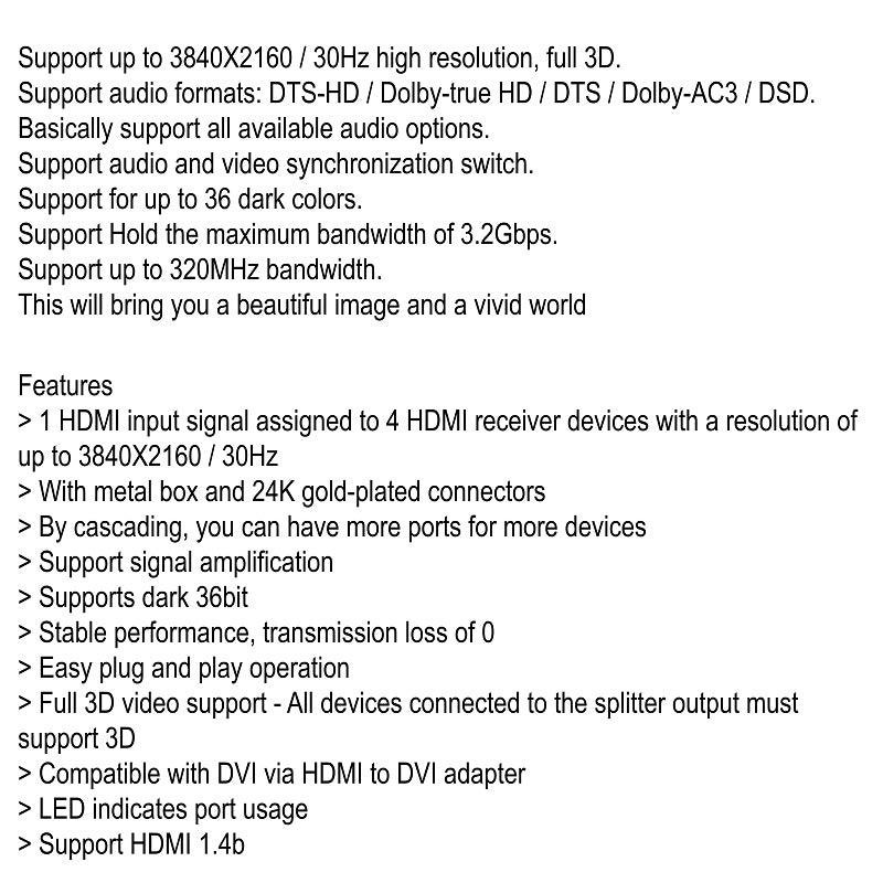 4K 1x4 HDMI Splitter/Distributor 1 Input 4 Output | HM104