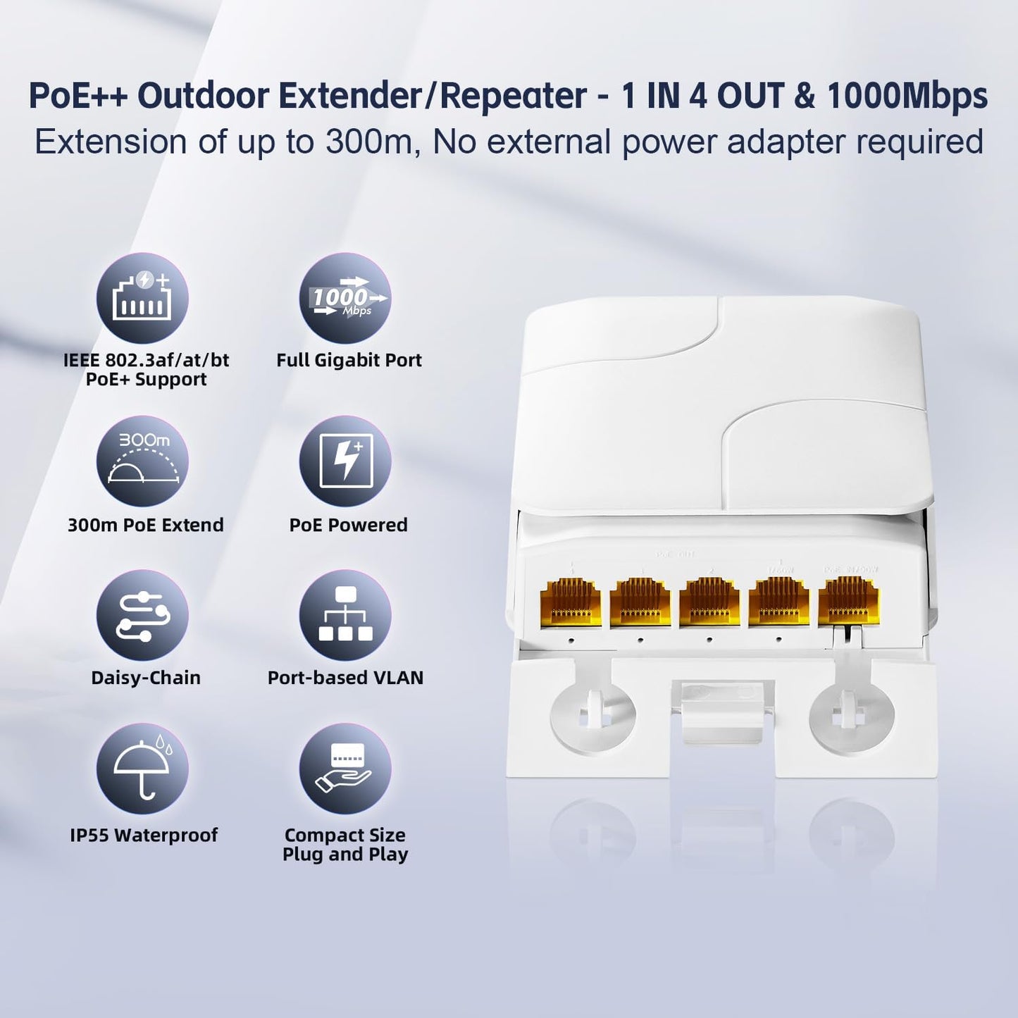 1-to-4 Outdoor Gigabit PoE Extender – 1000Mbps PoE+| PE104GB-WP