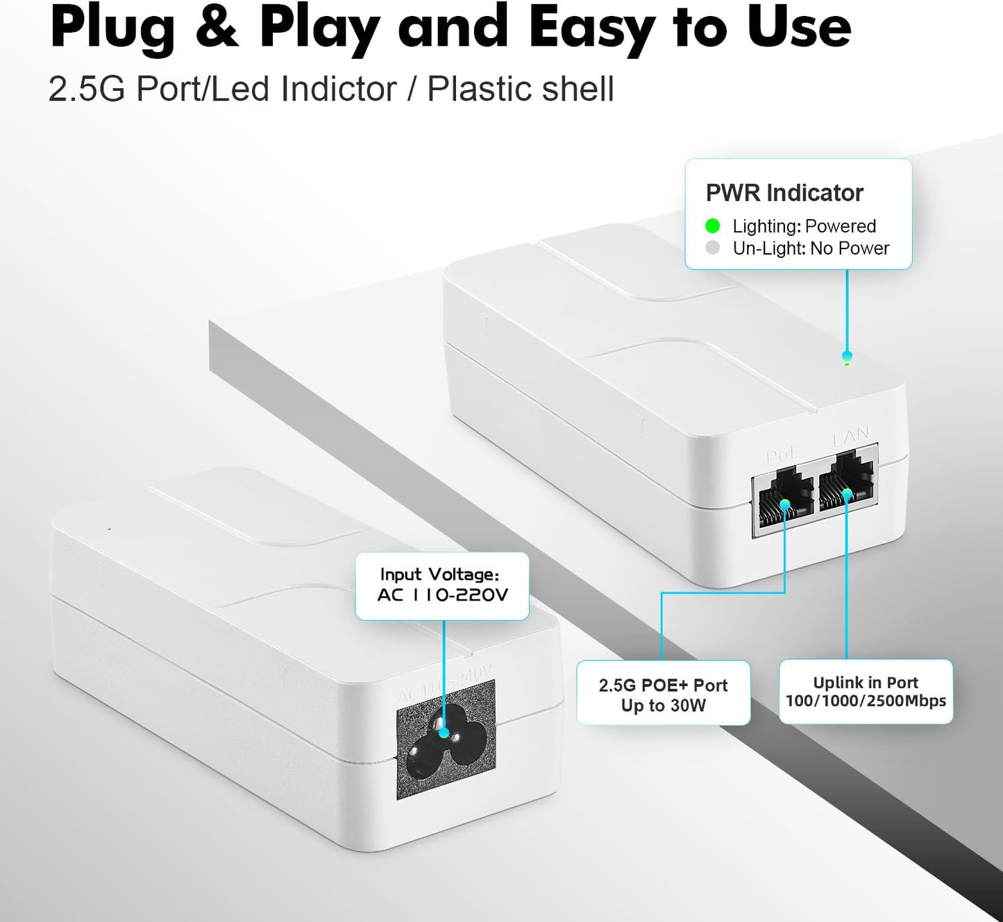 2.5G PoE+ Injector Adapter (30W) | AC110-240V - DC52V
