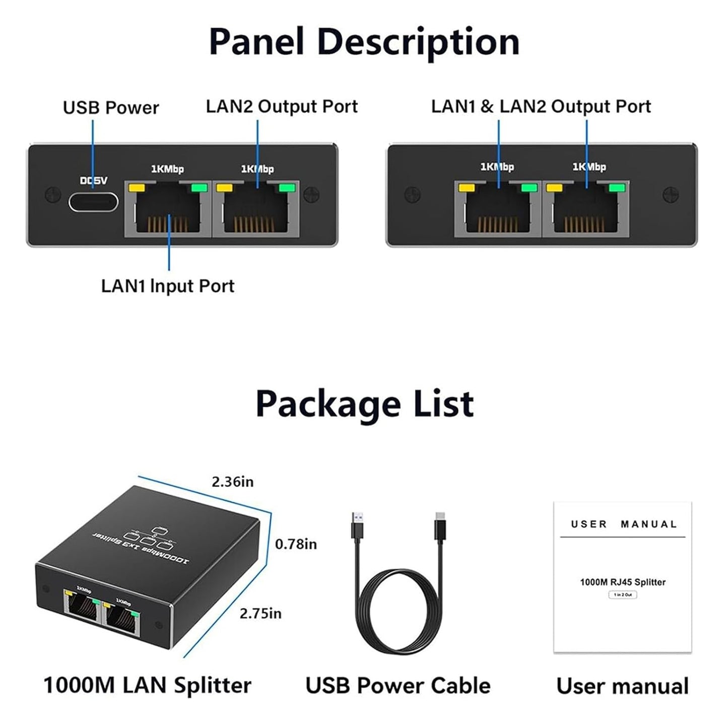 Ethernet Splitter 1 to 3 RJ45 Gigabit LAN Adapter with USB Power
